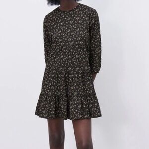 Zara | NWOT Ditsy Floral Black Long Sleeve Tiered Dress Sz L